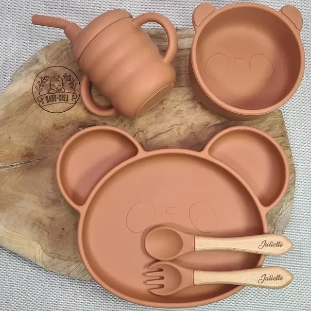 Baby-Crea Coffret naissance personnalisé Assiette Panda repas vert olive